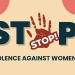 Graphic with bold text reading “STOP VIOLENCE AGAINST WOMEN!” The word “STOP” is written in large dark teal letters, with a red handprint forming the letter “O.” Inside the handprint is the word “STOP!” in white bold letters. The background is beige with red curved shapes in the corners.