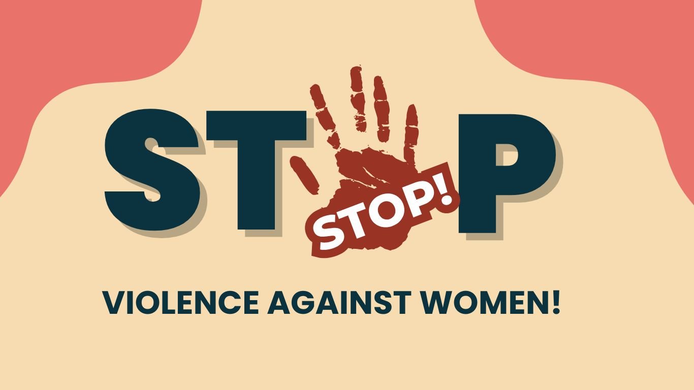 Graphic with bold text reading “STOP VIOLENCE AGAINST WOMEN!” The word “STOP” is written in large dark teal letters, with a red handprint forming the letter “O.” Inside the handprint is the word “STOP!” in white bold letters. The background is beige with red curved shapes in the corners.